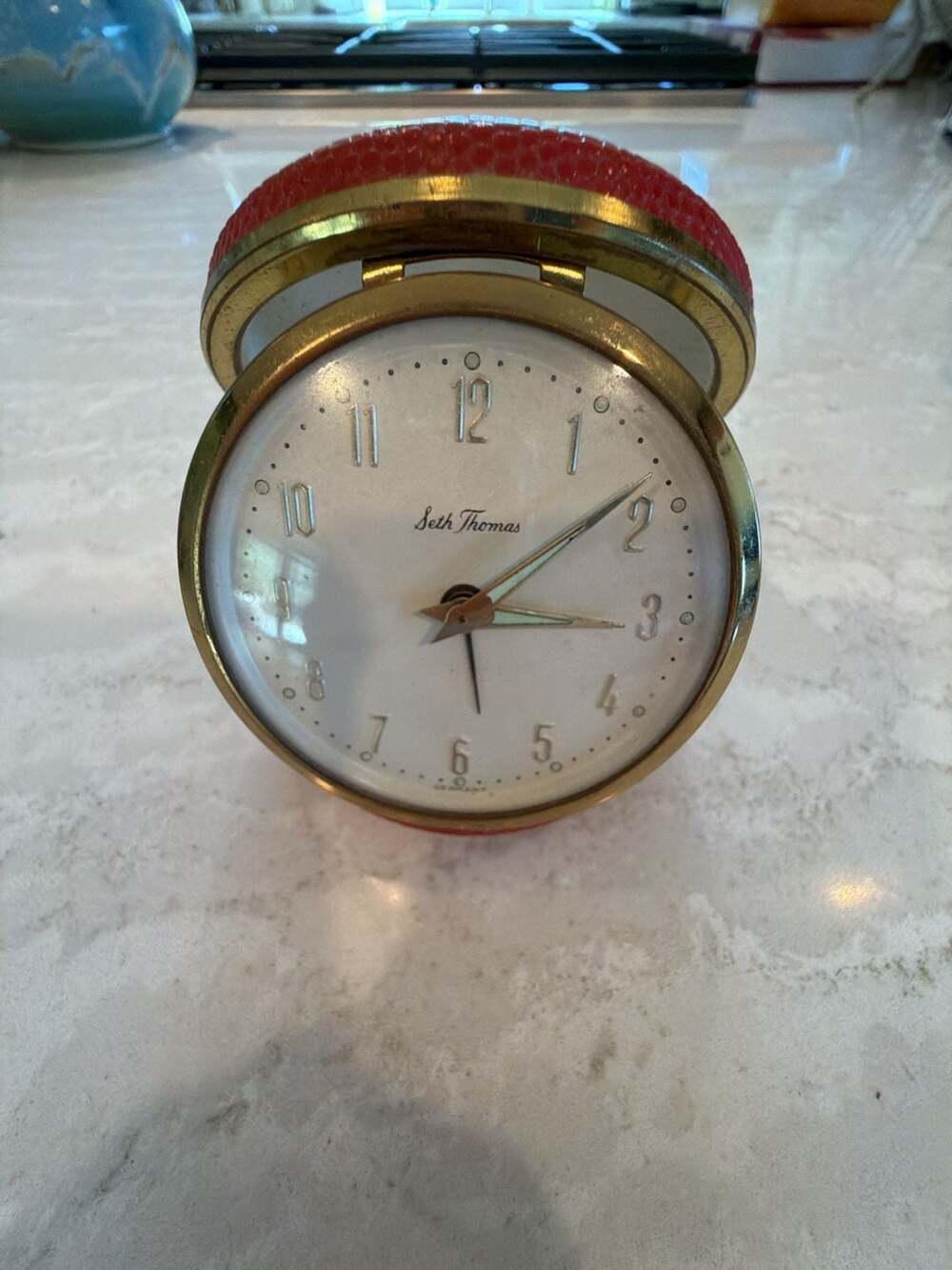 Vintage Seth Thomas Red Leather Clamshell Travel Alarm Clock Made in Germany